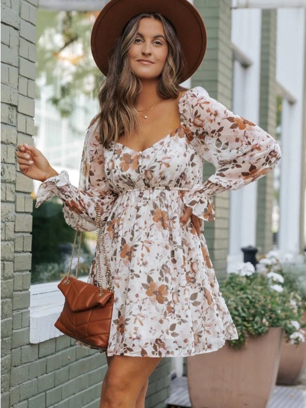 Sweet Floral Puff-Sleeve Mini Dress in Cream and Brown